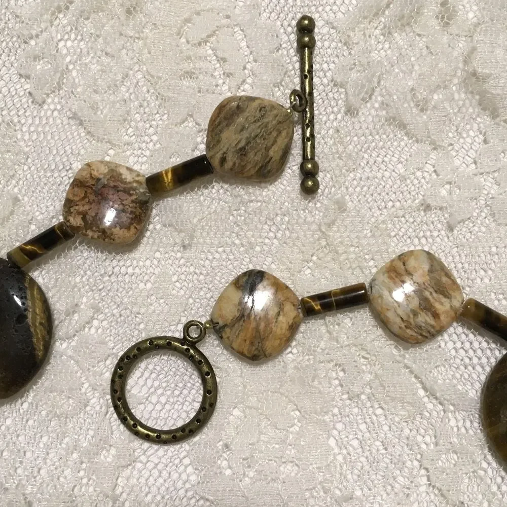 Tigers Eye Stone Bead Necklace Toggle Clasp 24